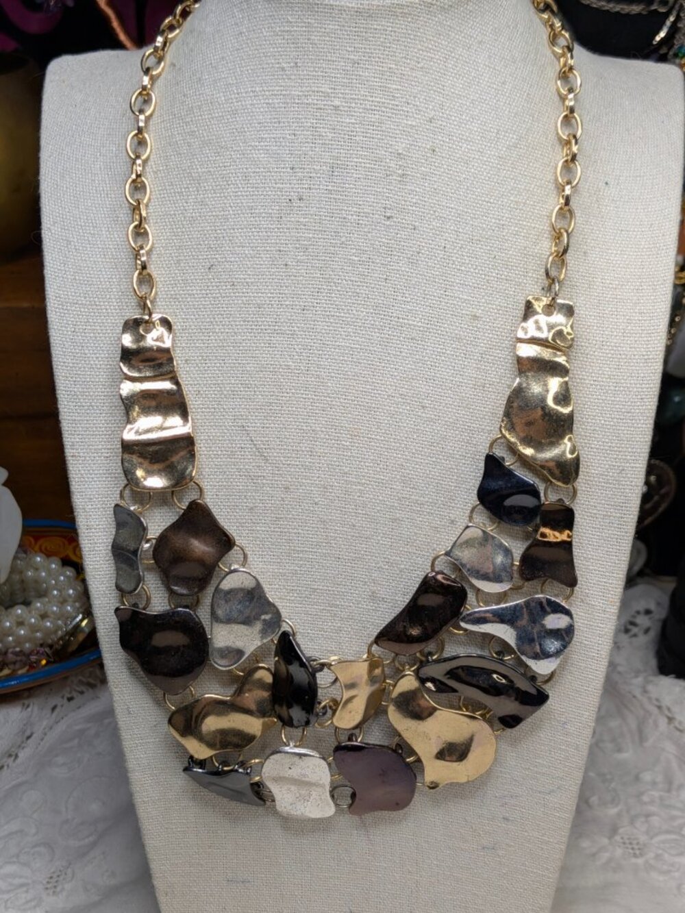 Tri‑Tone Molten Metal Bib Necklace – Gold, Silver & Gunmetal
